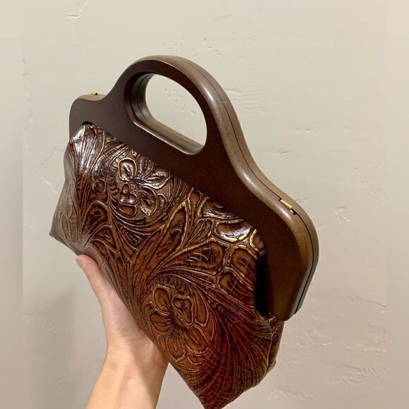 Vintage Style Handmade Genuine Embossed Leather Wooden Frame Bag/Crossbody - Picture 9 of 16